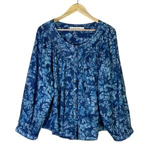 We The Free Cool Meadow Peasant Blouse Womens M Blue 100% Cotton Floral Peasant